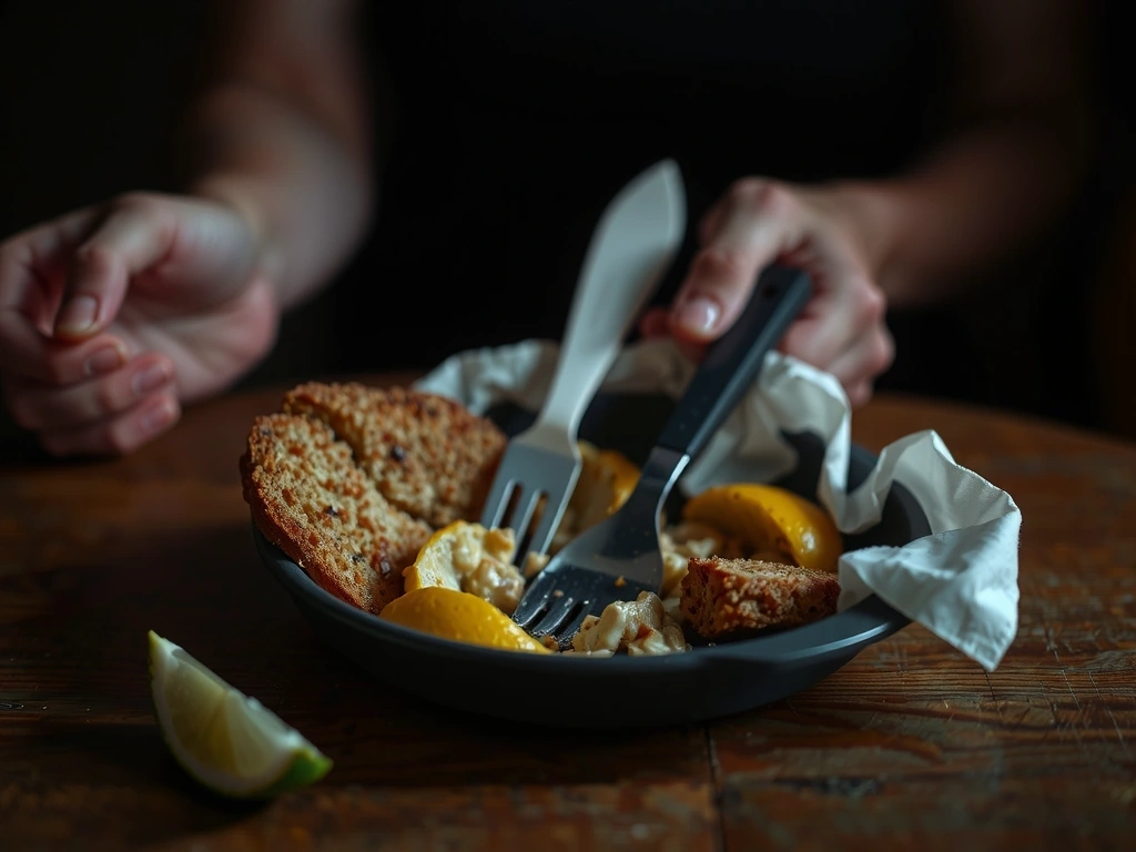 Assiette à moitié mangée sur un bureau en fin de journée